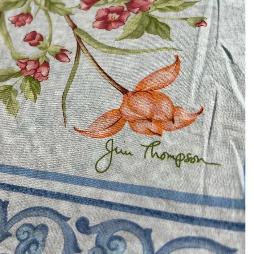 Jim Thompson Blue Floral Cotton Square Scarf Made in Thailand 18.5in